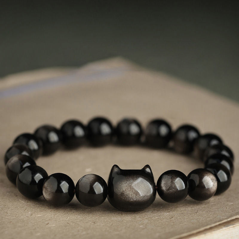 EverestArtStudios Gold Sheen Obsidian Silver Sheen Obsidian Cute Paw Fortunate Cat Protective Bracelet