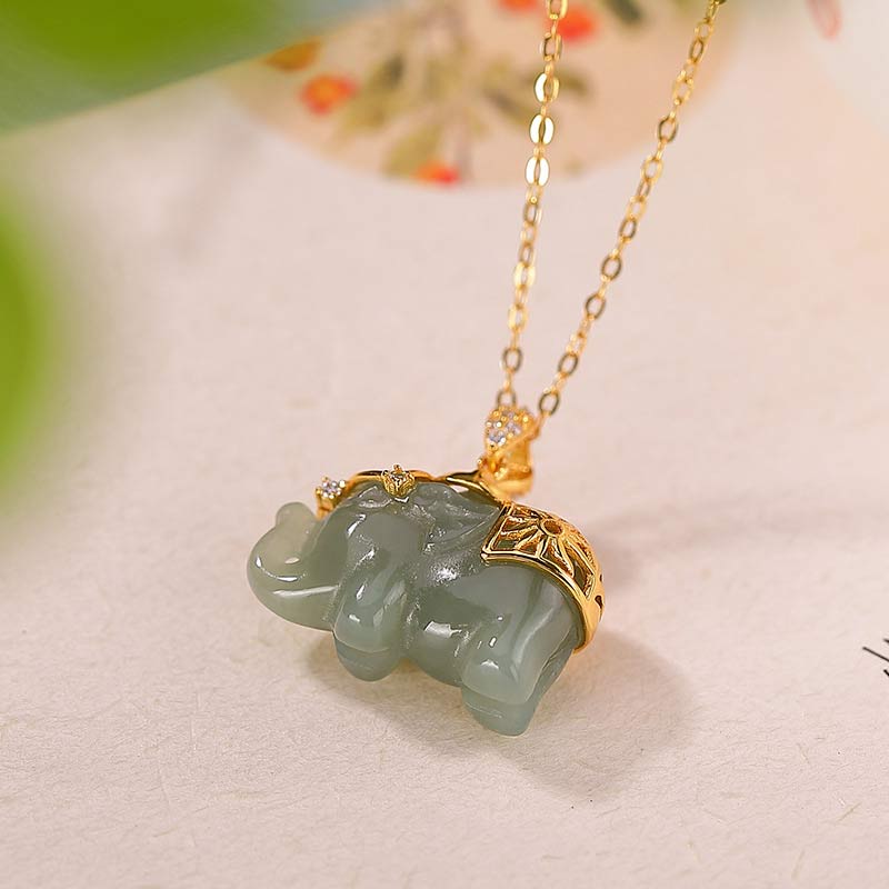 EverestArtstudios 925 Sterling Silver Jade Elephant Blessing Fortune Necklace Chain Pendant