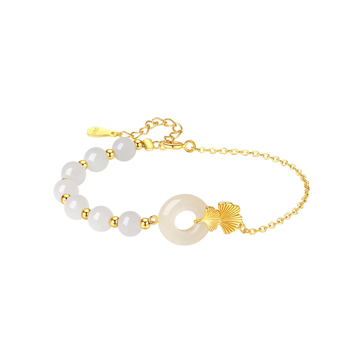 EverestArtstudios 925 Sterling Silver Hetian White Jade Peace Buckle Ginkgo Leaf Luck Bracelet
