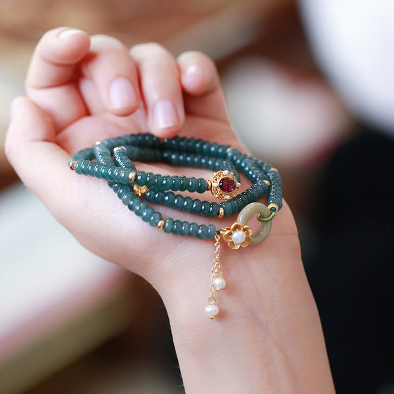 EverestArtstudios 925 Sterling Silver Gold Plated Cyan Jade Flower Peace Buckle Success Triple Wrap Bracelet