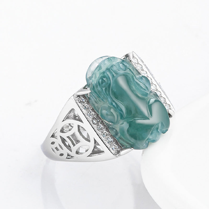 EverestArtstudios 925 Sterling Silver Fengshui Wealth Prosperity Jade PiXiu Luck Ring