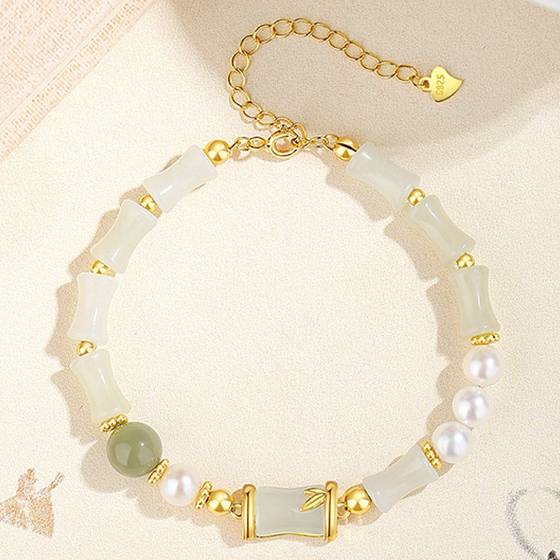 EverestArtstudios 925 Sterling Silver Natural Hetian White Jade Bamboo Luck Blessing Bracelet