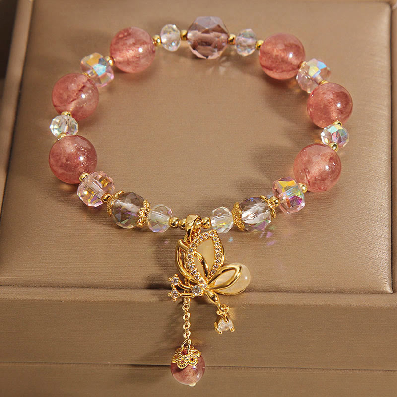 EverestArtStudios Genuine Strawberry Quartz Therapeutic Uplifting Butterfly Pendant Bracelet