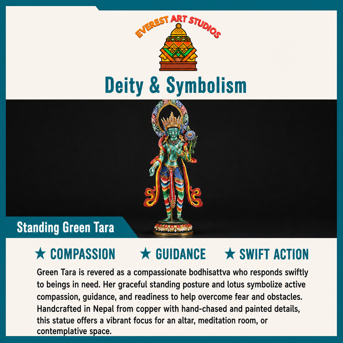 Standing Green Tara deity and symbolism information card