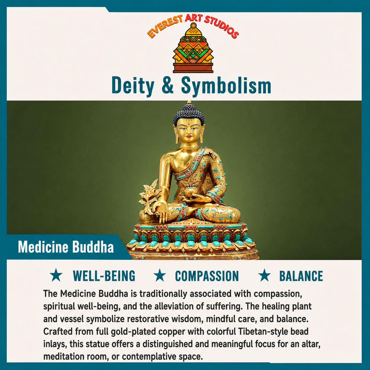 Full-gilt Medicine Buddha deity and symbolism information card