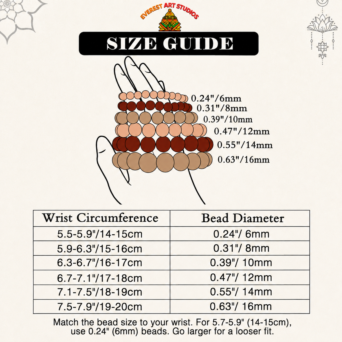 Everest Art Studios bracelet size guide with wrist circumference and bead diameter