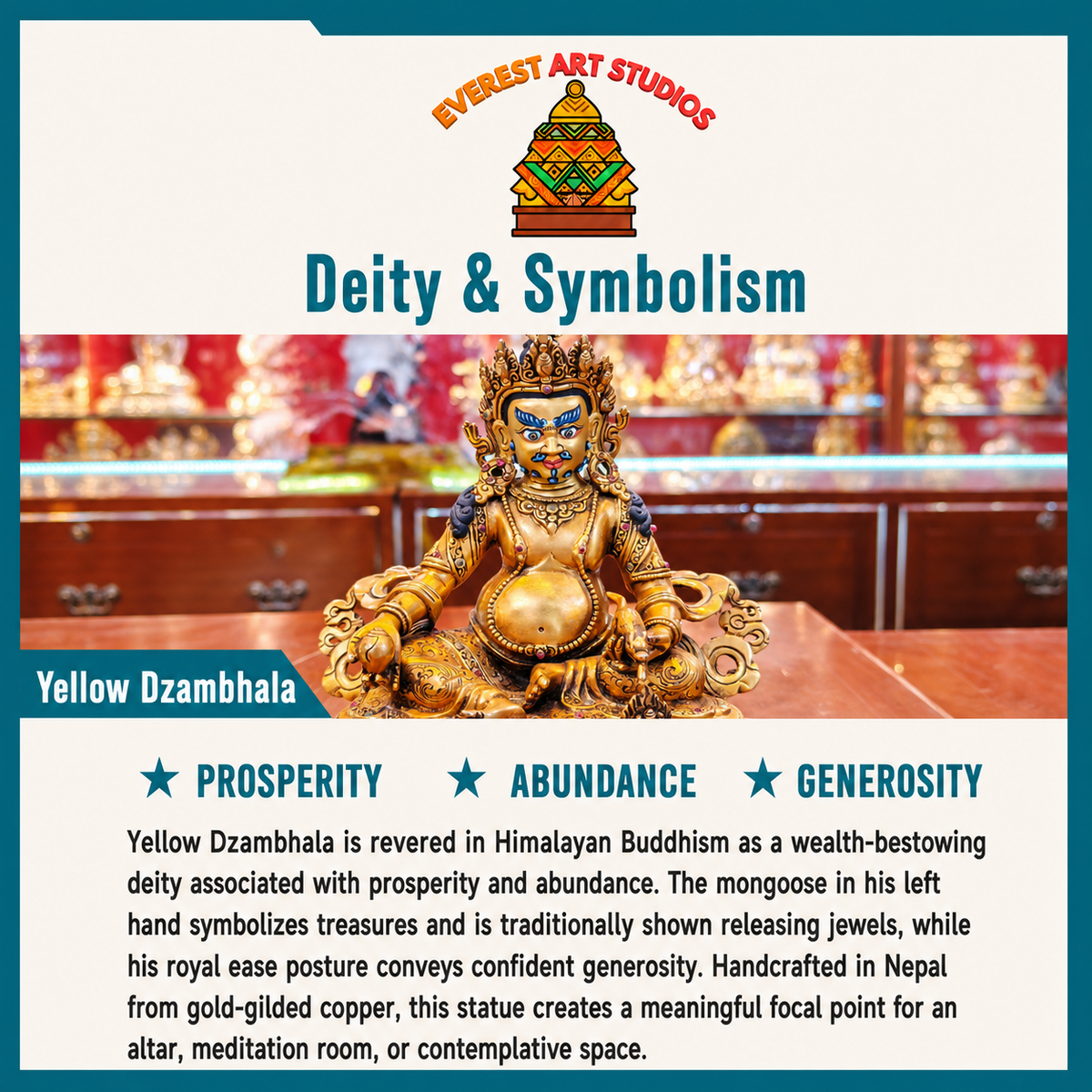 Yellow Dzambhala deity and symbolism information card