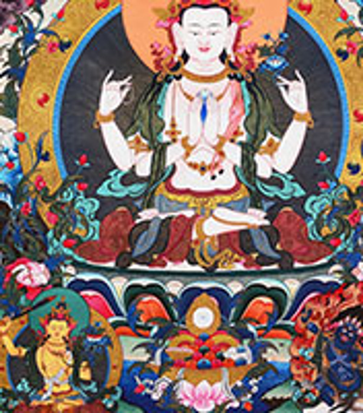 Four-Armed Chenrezig and Three Protectors detail-4