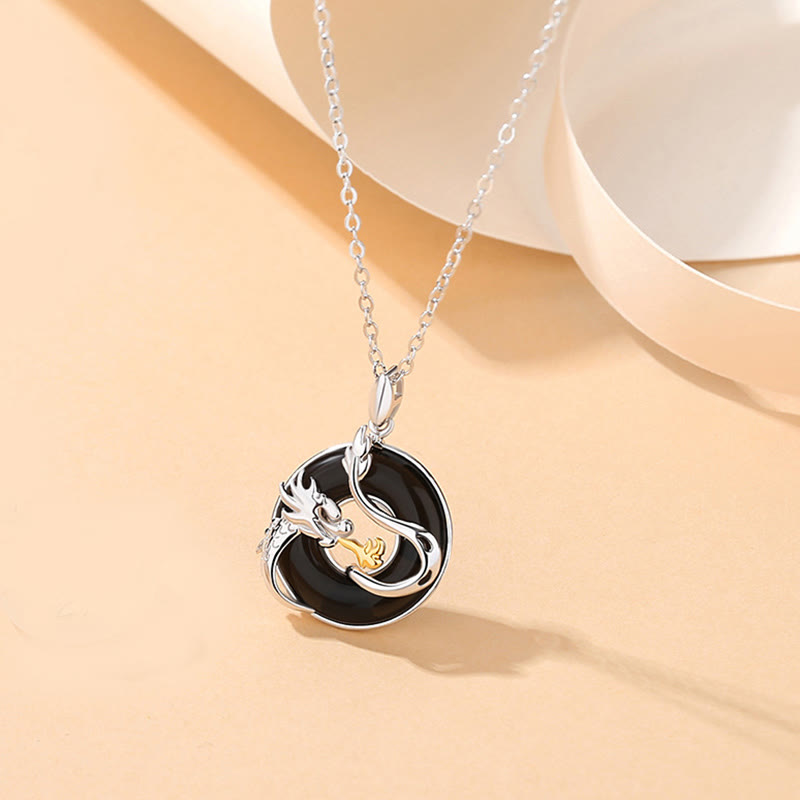 EverestArtstudios 925 Sterling Silver Year of the Dragon Natural Black Onyx Chalcedony Dragon Phoenix Peace Buckle Protection Necklace Pendant