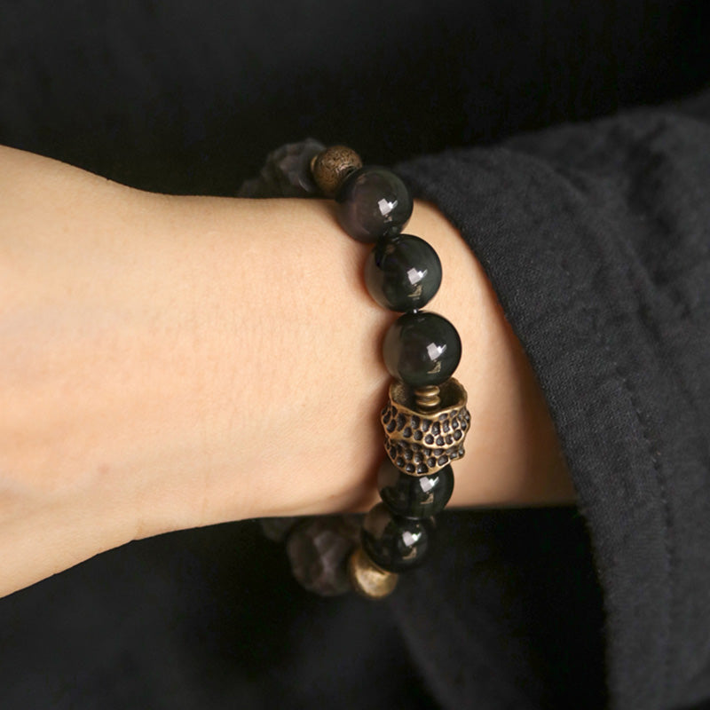 EverestArtstudios Black Obsidian Ebony Wood Copper Strength Couple Bracelet
