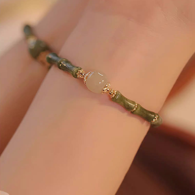 EverestArtStudios 14K Copper Plated Peridot Hetian Jade Bamboo Motif Fortune Bracelet