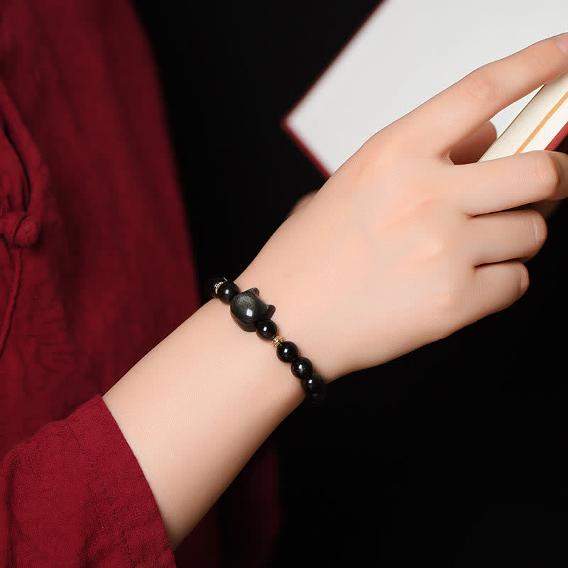 EverestArtStudios Gold Sheen Obsidian Silver Sheen Obsidian Cute Paw Fortunate Cat Protective Bracelet