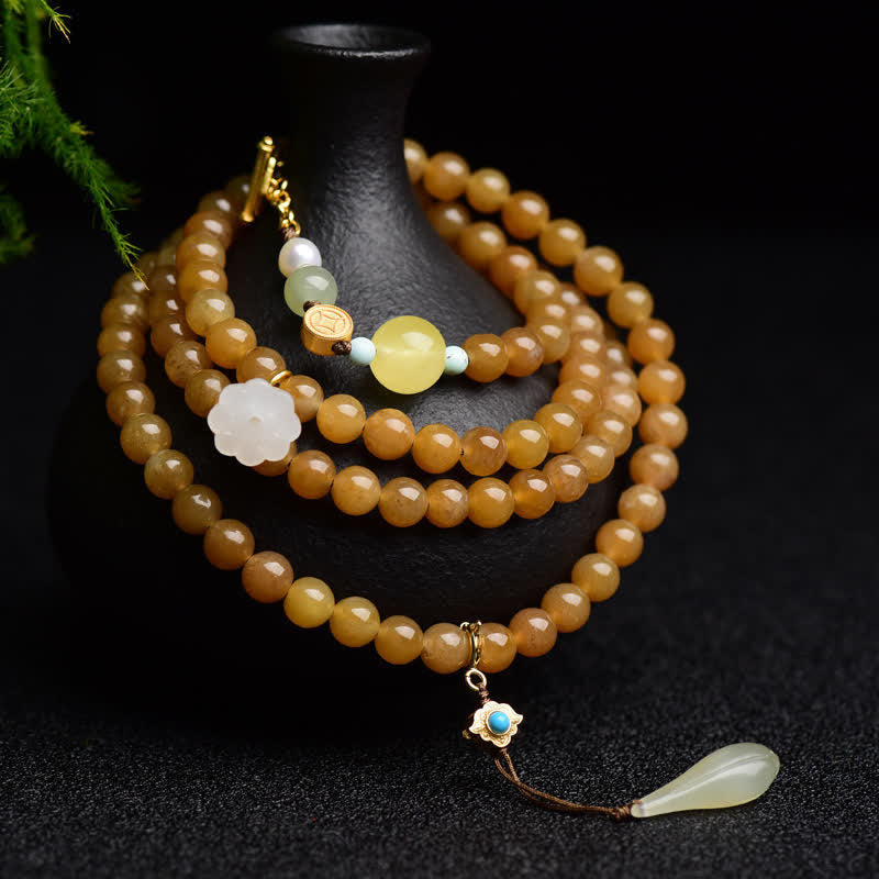 EverestArtstudios Natural Hetian Topaz Amber Lotus White Jade Pearl Success Bracelet