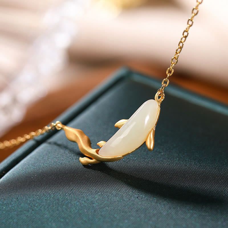 EverestArtstudios 925 Sterling Silver White Jade Dolphin Luck Necklace Pendant