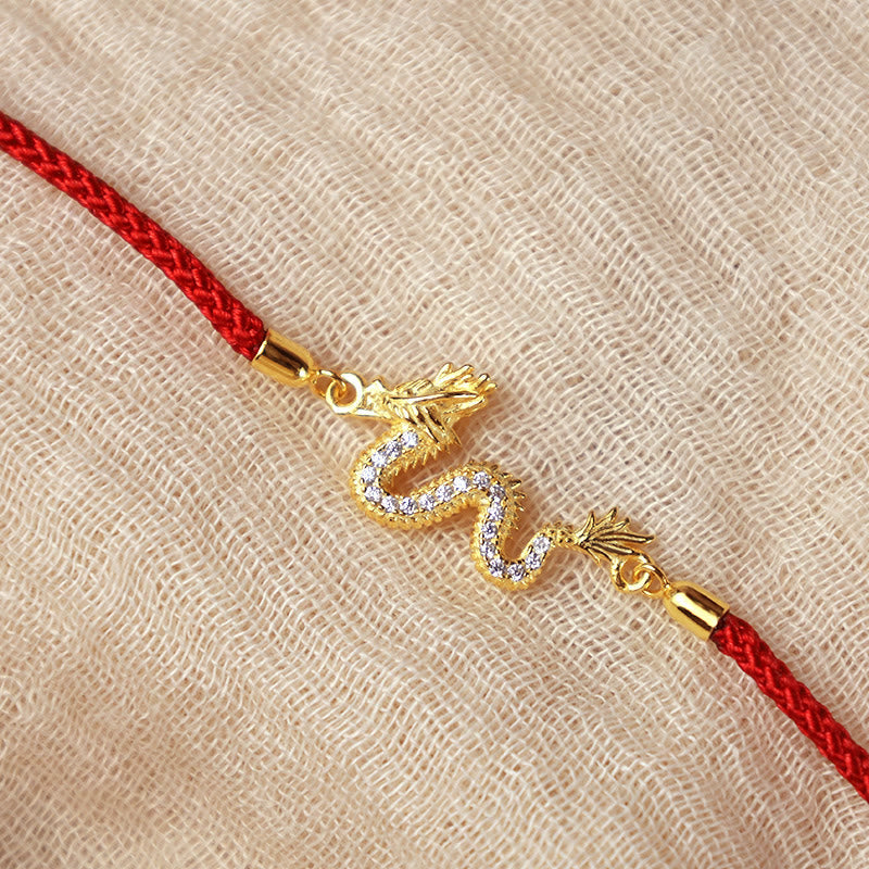 EverestArtStudios 925 Sterling Silver Year Of The Dragon Auspicious Golden Dragon Luck Red Rope Chain Bracelet
