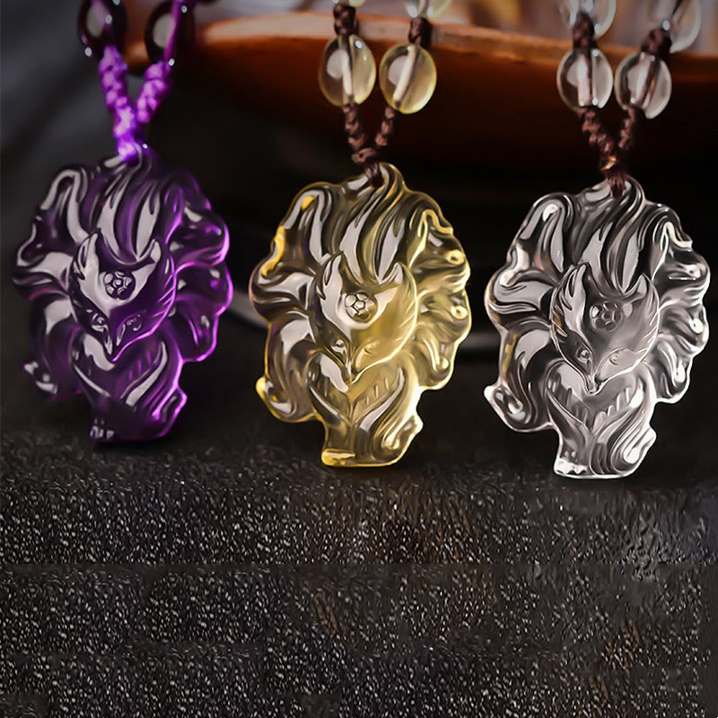 EverestArtstudios Natural Amethyst White Crystal Citrine Nine Tailed Fox Luck Necklace Pendant