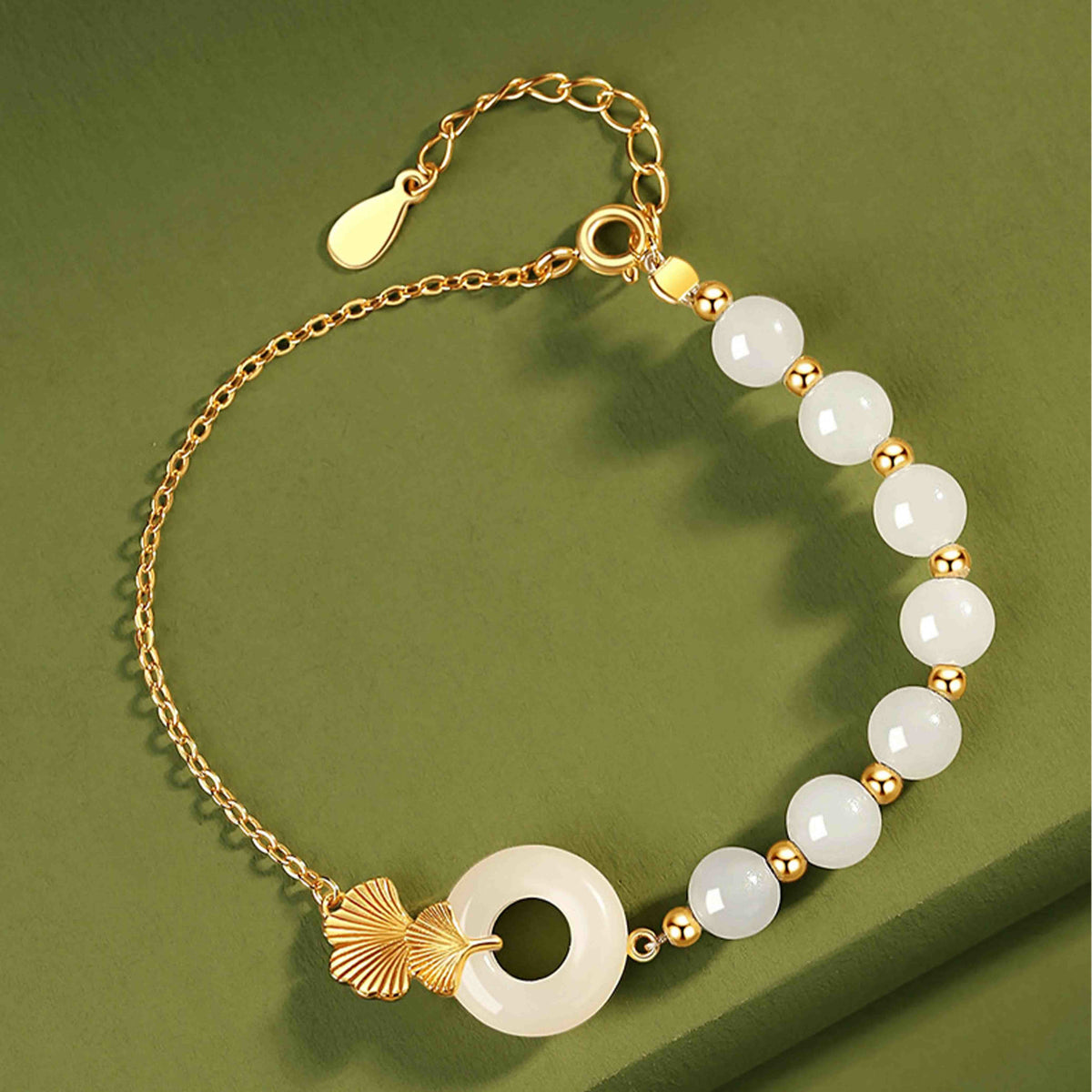 EverestArtstudios 925 Sterling Silver Hetian White Jade Peace Buckle Ginkgo Leaf Luck Bracelet