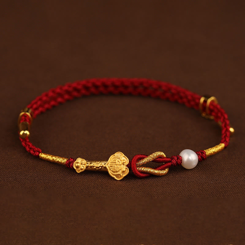 EverestArtstudios 24K Gold Wish Ruyi Handle Fu Character Rabbit Pearl Luck Braided Bracelet
