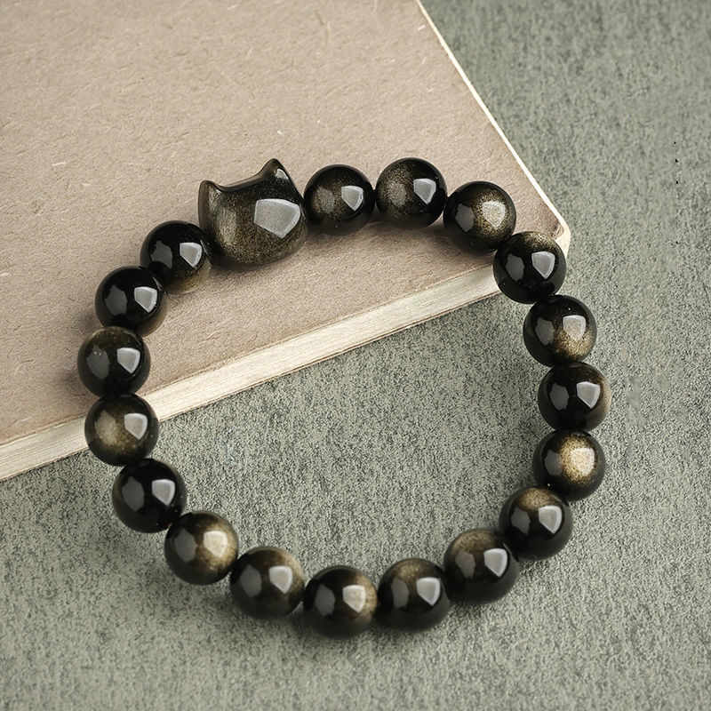 EverestArtStudios Gold Sheen Obsidian Silver Sheen Obsidian Cute Paw Fortunate Cat Protective Bracelet
