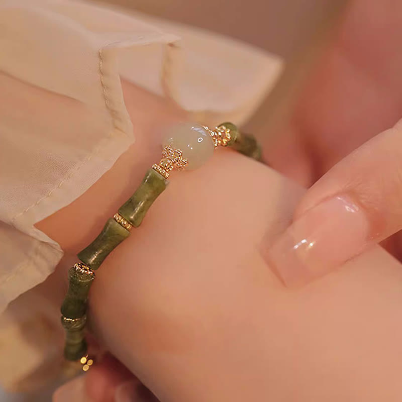 EverestArtStudios 14K Copper Plated Peridot Hetian Jade Bamboo Motif Fortune Bracelet
