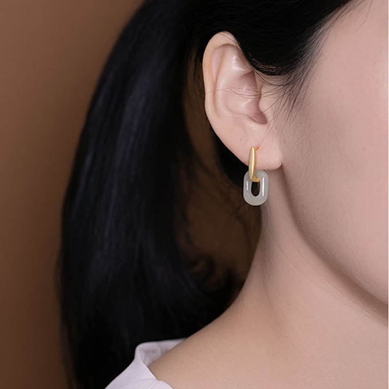 EverestArtstudios 925 Sterling Silver Round White Jade Happiness Blessing Earrings