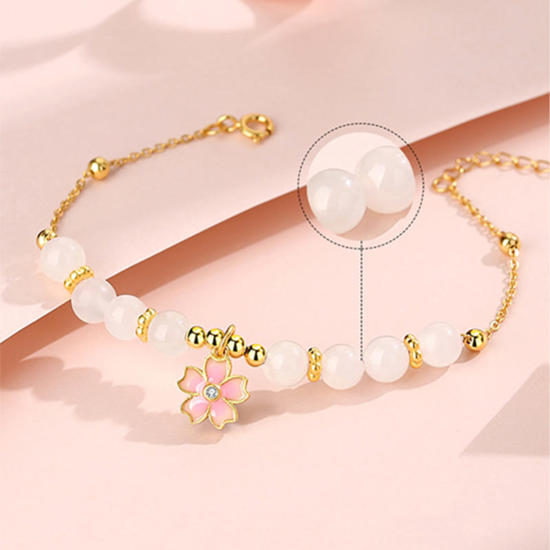 EverestArtstudios 925 Sterling Silver Hetian White Jade Cherry Blossom Protection Bracelet