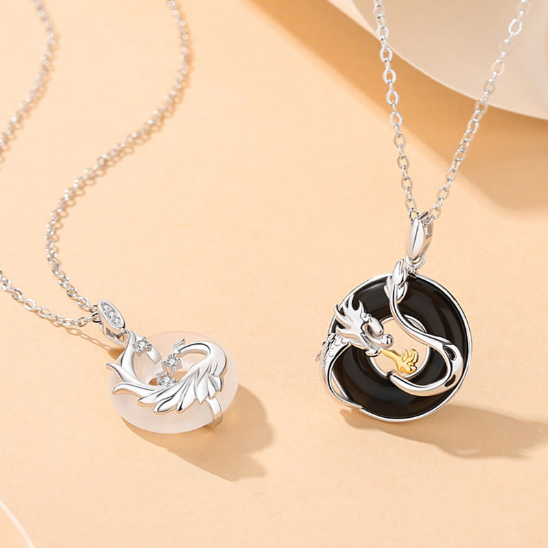 EverestArtstudios 925 Sterling Silver Year of the Dragon Natural Black Onyx Chalcedony Dragon Phoenix Peace Buckle Protection Necklace Pendant