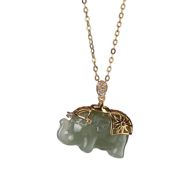 EverestArtstudios 925 Sterling Silver Jade Elephant Blessing Fortune Necklace Chain Pendant