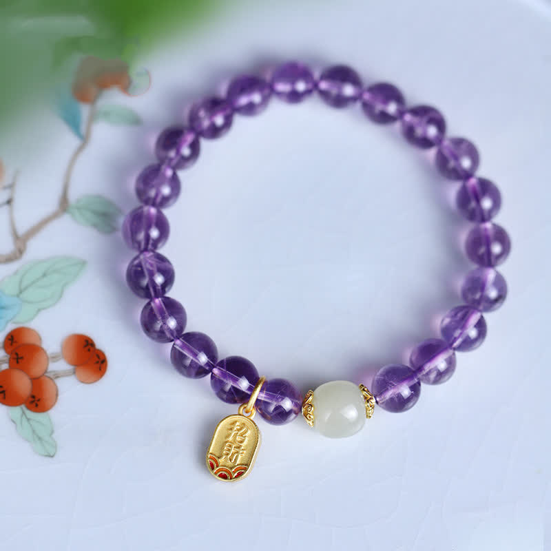 EverestArtstudios Natural Amethyst Crystal Hetian Jade Healing Charm Bracelet