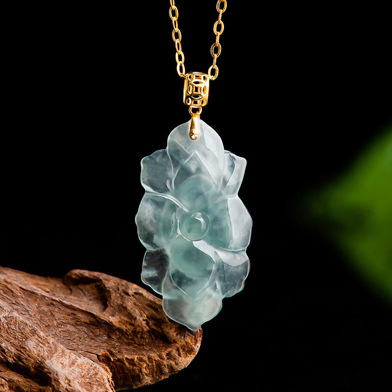 EverestArtstudios Natural Jade Lotus Pattern Prosperity Titanium Steel Chain Necklace Pendant