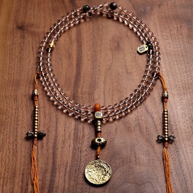 Tibetan White Crystal & Amber Mala | 108 Beads Prayer Bracelet