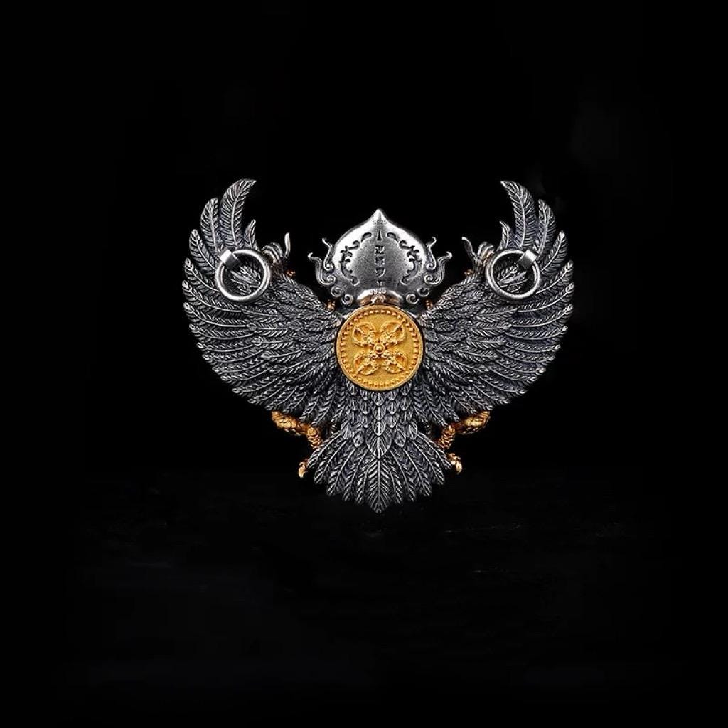 Handcrafted Garuda Pendant for Men - Solid S925 Sterling Silver Tibetan Buddhist Necklace, Heavy Detailed Chakra Amulet, Vintage Ethnic Jewe