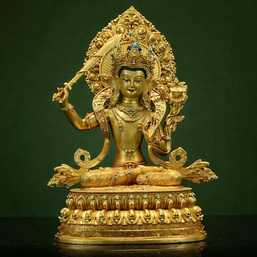 Manjushri Buddha Statue, Fully Gilded Gold Manjushri Copper Sculpture, Manjusri Bodhisattva Wisdom Buddha Home Decor, Sacred Buddhist Art