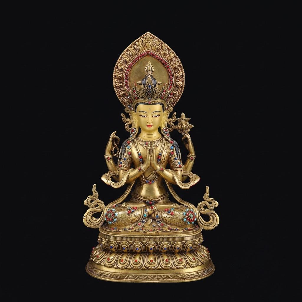Tibetan Four-Armed Chenrezig Statue - 10" Bronze Avalokiteshvara Buddha Figurine for Home Altar Sacred Buddhist Decor