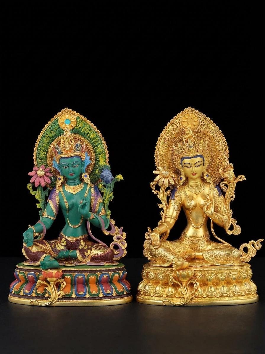 Nepali Green Tara Statue in 2 Styles - 5.9" Gold Gilded or Hand-Painted Tibetan Buddha - Copper Goddess Figurine for Home Altar & Meditation