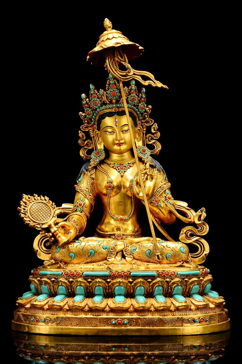 Gilded Copper Sitatapatra Statue, White Umbrella Goddess, Dukkar Buddha, Inlaid Colorful Beads, Tibetan Buddhist Art for Home Decor Altar