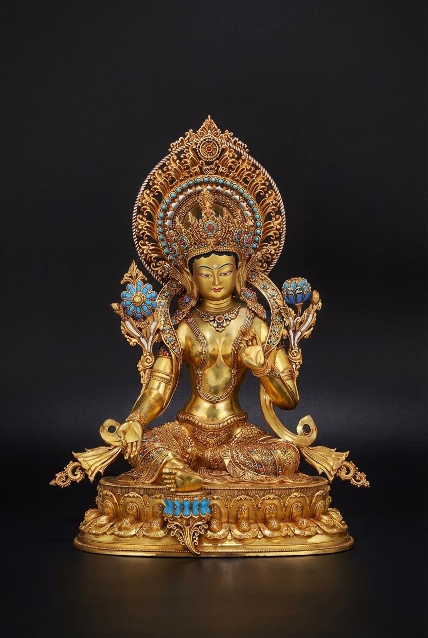 Nepali Handcrafted Green Tara Statue Gold Gilded Bronze Tibetan Buddha Goddess Figurine for Home Altar Decor, Zen Spiritual Healing Gift