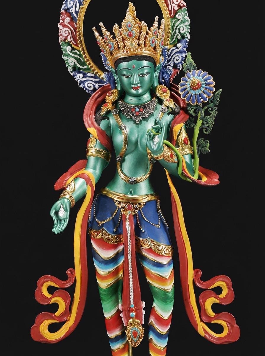 Green Tara Bodhisattva Statue, Hand-Engraved Copper Buddha, Nepali Painted Buddhist Deity, Zen Home Decor, Mindfulness Altar Accessory