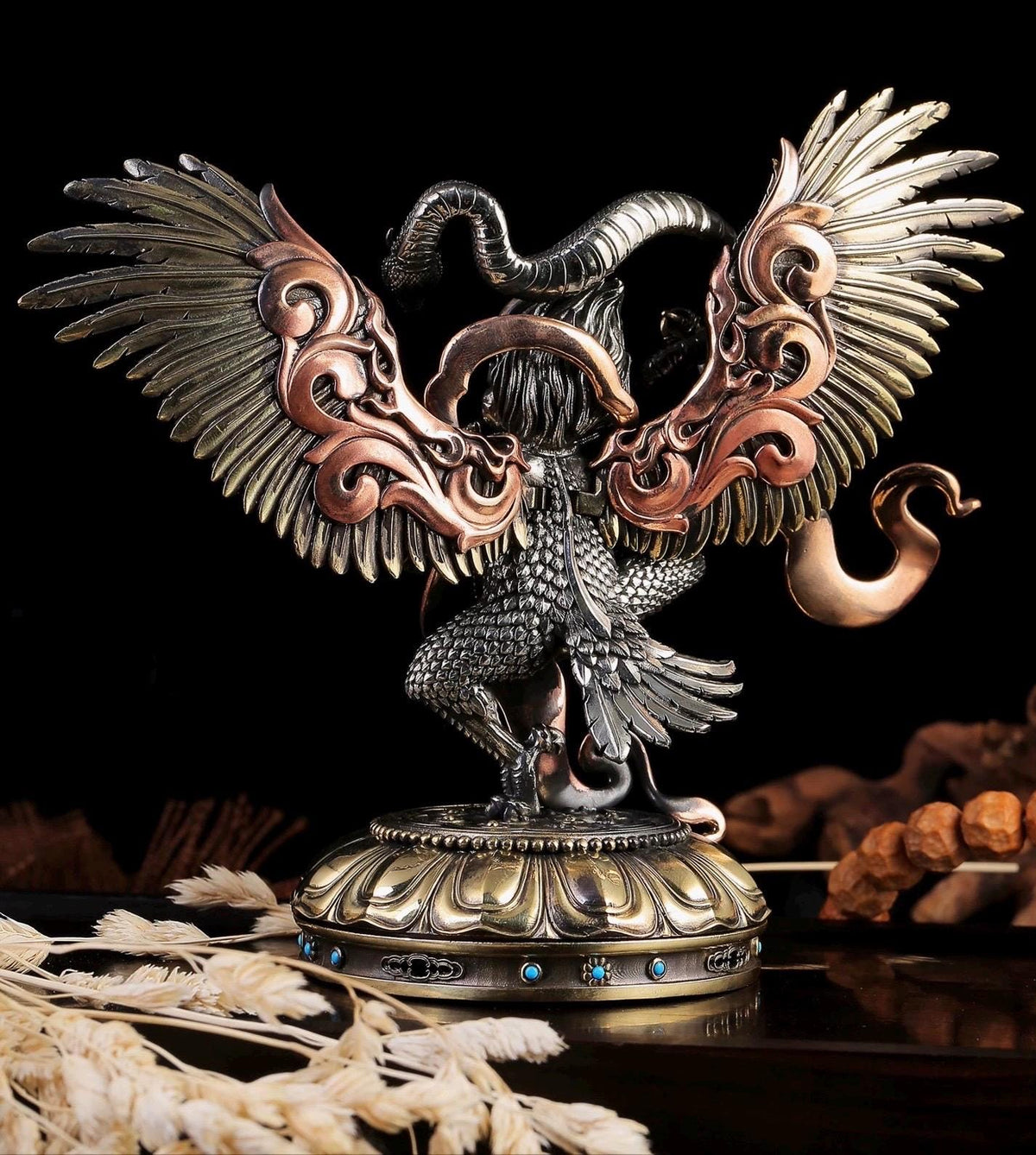 Tibetan Garuda Statue Incense Burner - Mythical Bird Brazen Sculpture, Three-Tone Copper Decor, Spiritual Desk Ornament