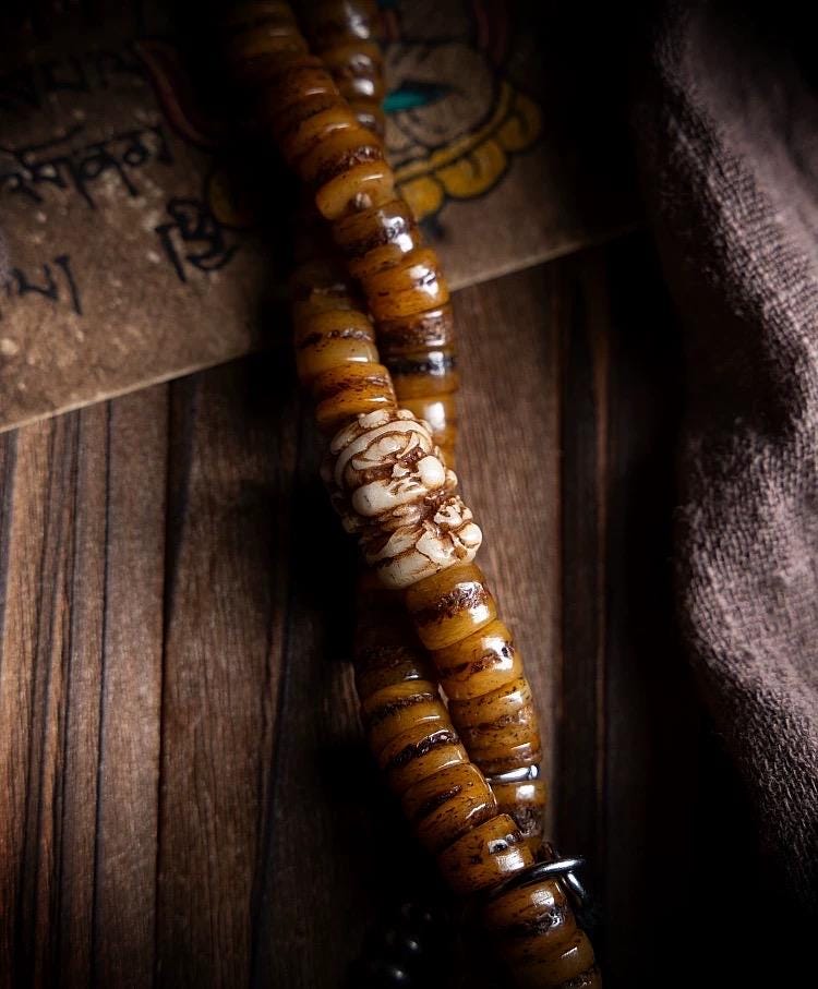 Original Tibetan Yak Bone Prayer Beads, Old Material 108 Mala Beads, Handmade Distressed Buddha Bracelet, Meditation Rosary, Ethnic Jewelry