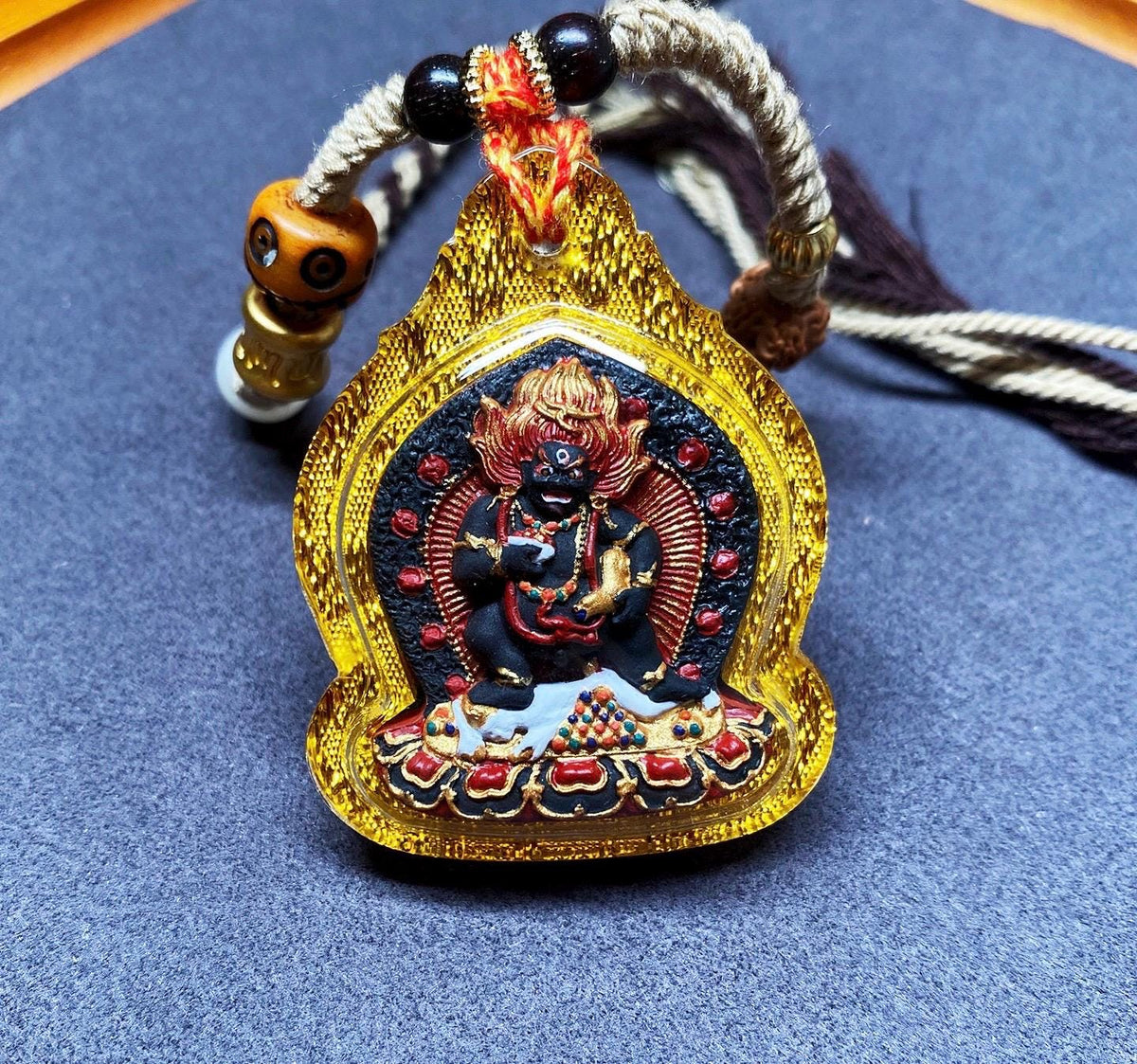 Hand-Painted Black Jambhala Tibetan Tsa Tsa Pendant, Mineral Pigment Buddhist Necklace, Spiritual Amulet for Wealth & Protection, Zen Gift