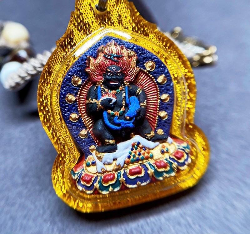 Hand-Painted Black Jambhala Tibetan Tsa Tsa Pendant, Mineral Pigment Buddhist Necklace, Spiritual Amulet for Wealth & Protection, Zen Gift