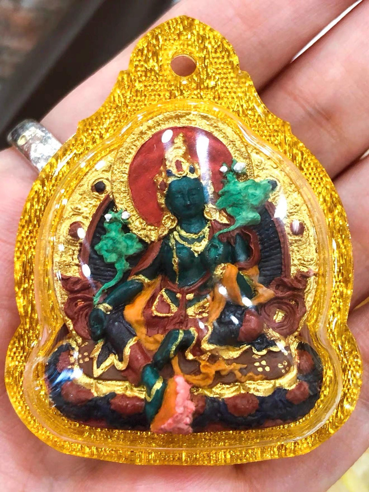 Hand-painted Green Tara Thangka Necklace, Natural Mineral Pigments Medicinal Clay Tsa Tsa Pendant, Tibetan Buddhist Amulet Jewelry