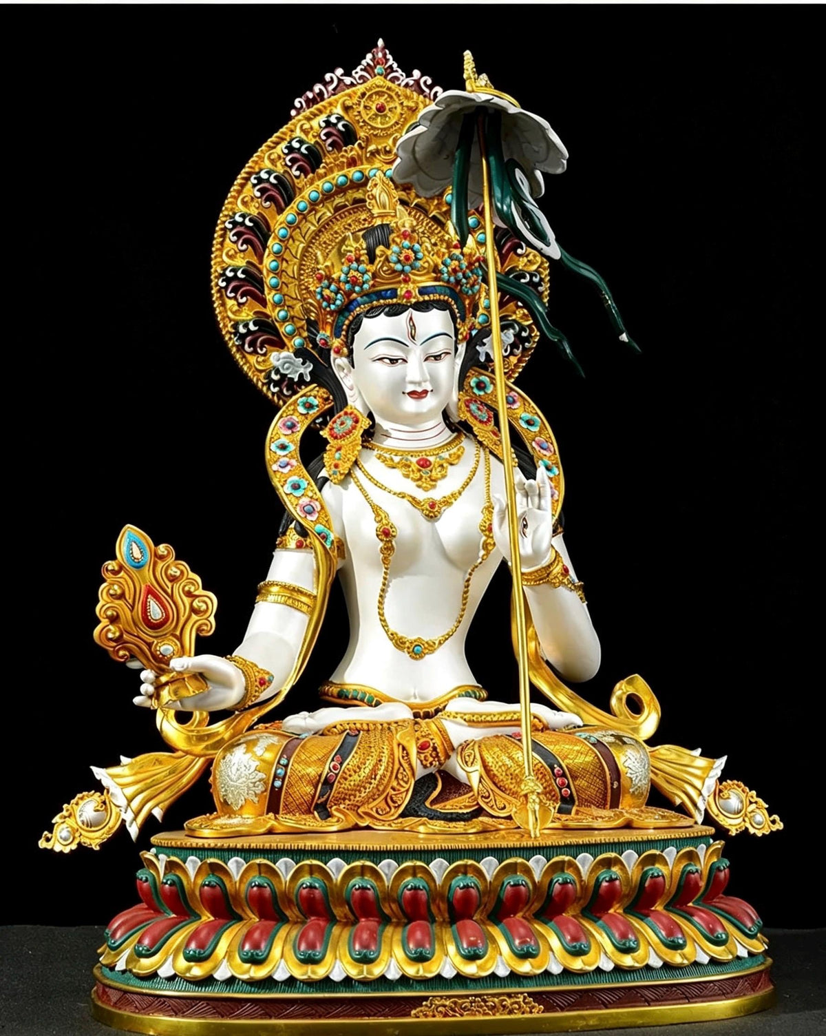 Sitatapatra Statue: Large White Umbrella Goddess Copper Buddha, Exquisite Hand-Painted Finish, Buddhist Ritual Home Altar Decor, Protective