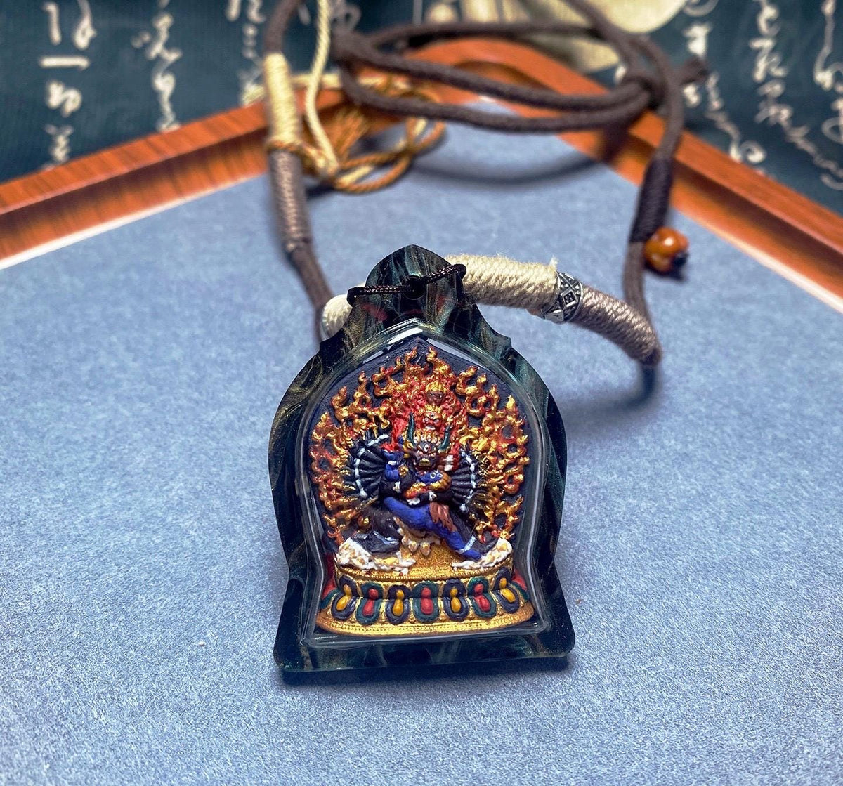 Tibetan Yamantaka Mini Thangka Pendant, Hand-painted Mineral Pigment Tsatsa, Vajrabhairava Buddhist Amulet Necklace, Sacred Himalayan Art
