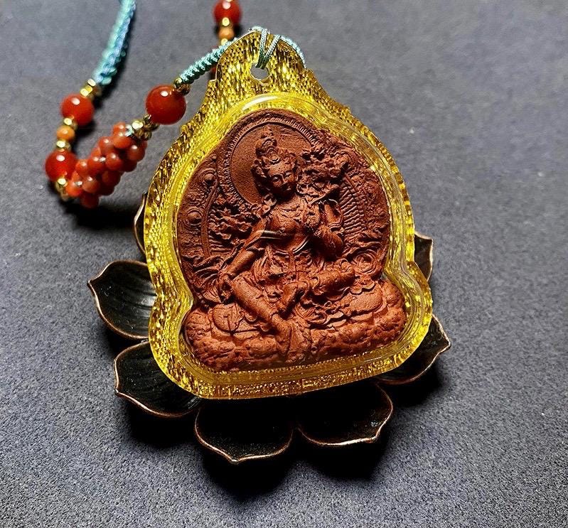 Handmade Green Tara Tsa Tsa Pendant, Tibetan Gau Box Necklace, Buddhist Amulet, Himalayan Sacred Art, Spiritual Jewelry, Meditation Gift