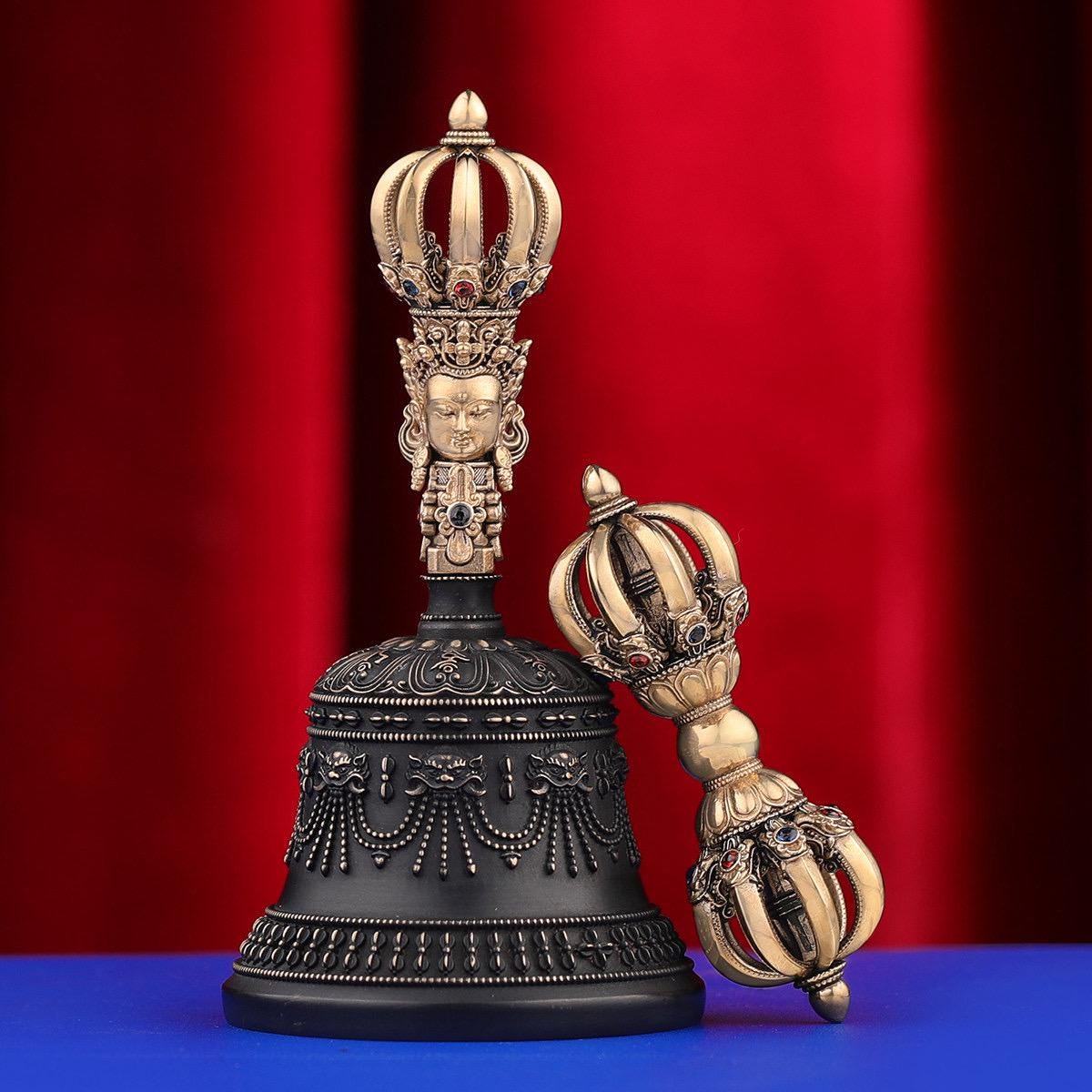 Portable Five Nine Spoke Vajra Bell Set, Hand-Cast Brass Ghanta & Dorje for Meditation, Tibetan Buddhist Ritual Set, Altarpiece Gift