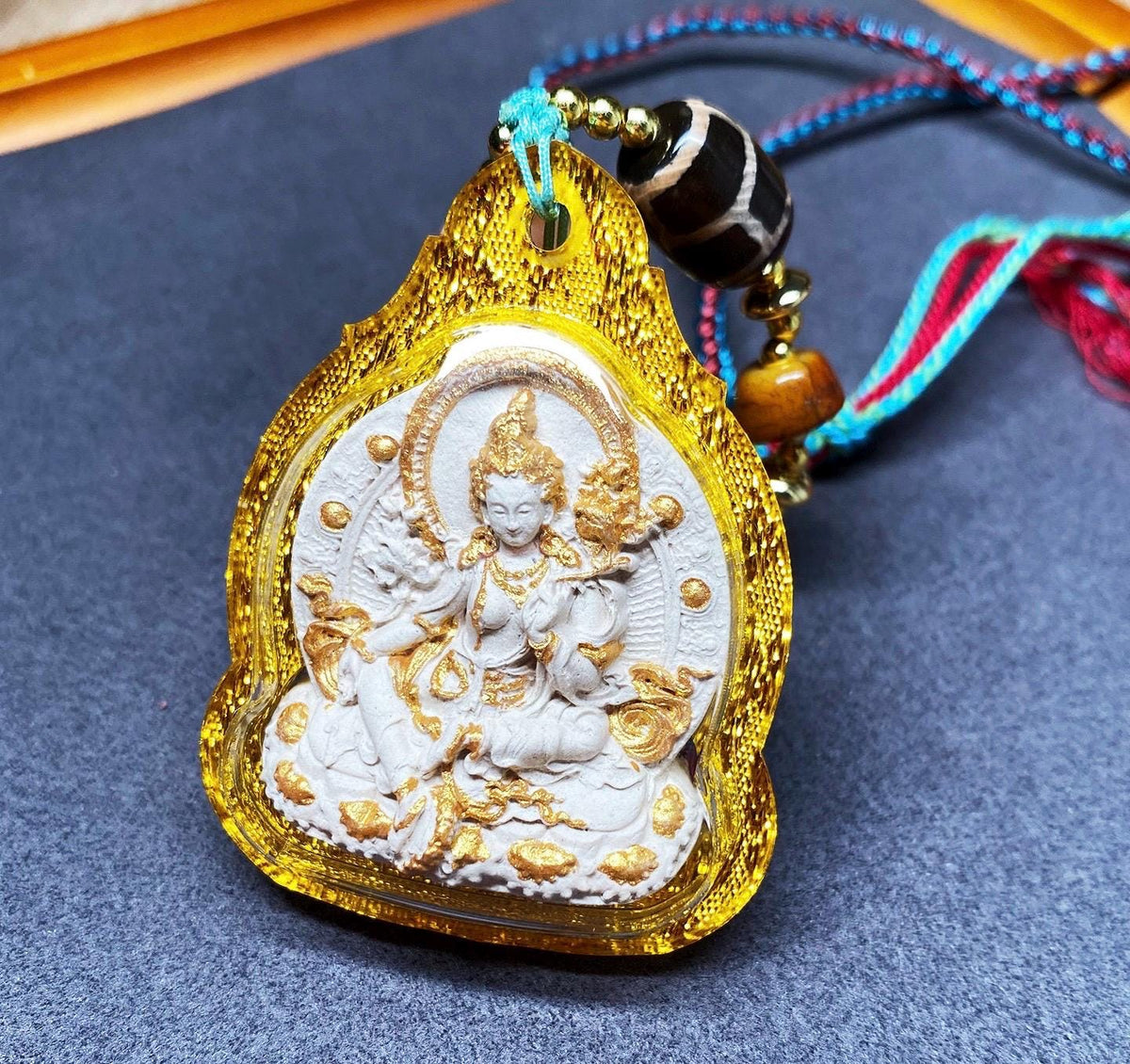 Green Tara Tibetan Tsa Tsa Pendant, Hand-Painted Incense Ash Amulet, Buddhist Spiritual Necklace, Thangka Style Jewelry, Protection Gift