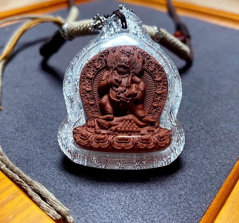 Black Jambhala Medicine Tsa Tsa Pendant, Tibetan Buddhism Gau Box Necklace, Mini Thangka Amulet, Kubera God of Wealth, Spiritual Monk Gift