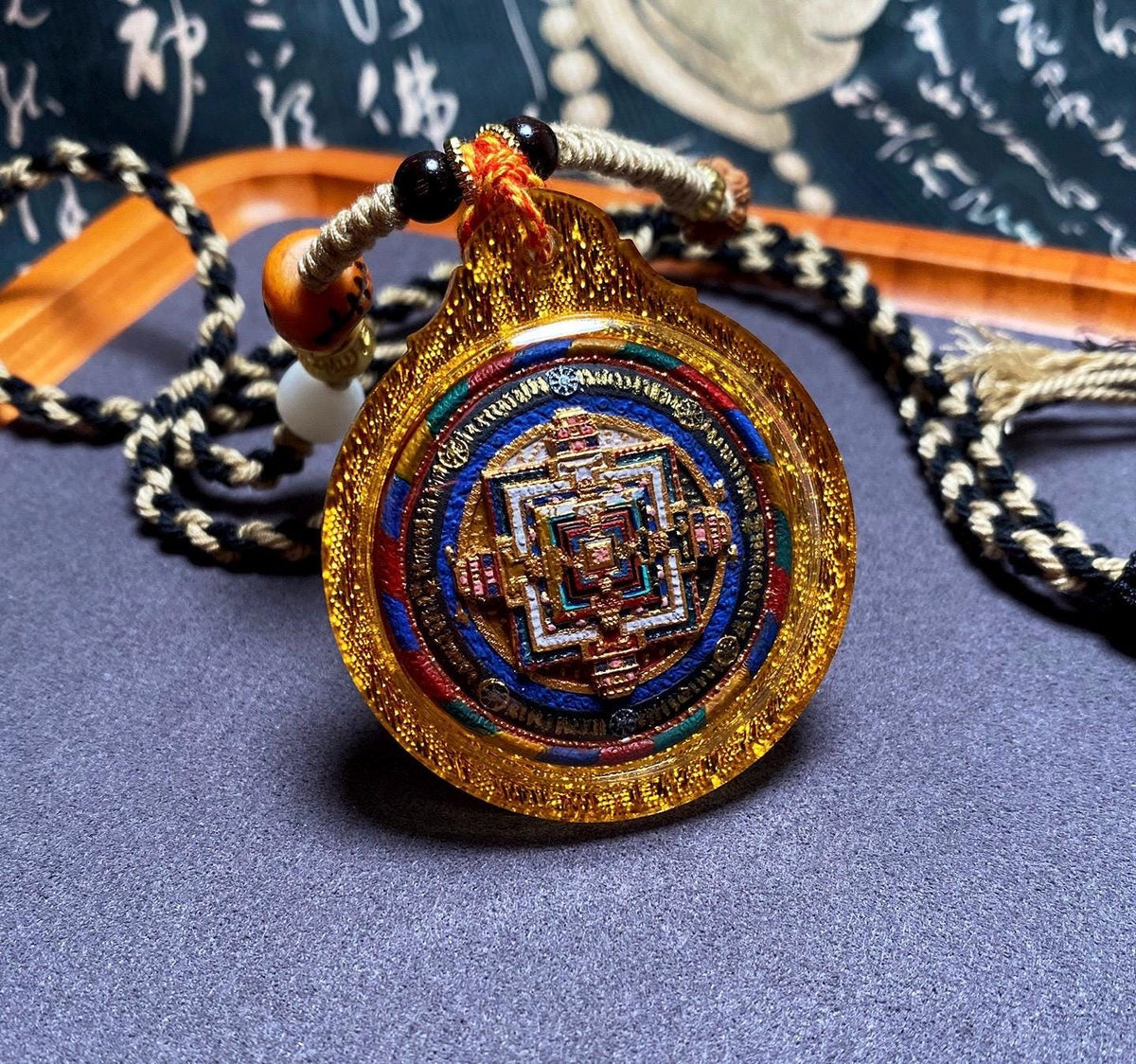 Handpainted Kalachakra Mandala Tibetan Tsatsa Pendant, Mineral Pigment Thangka Necklace, Medicinal Clay Buddhist Amulet,Spiritual Protection